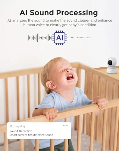 Hugolog 3K 5MP Indoor Pan/Tilt Security Camera, AI Sound Processing Ideal for Baby Monitor/Pet Camera/Home Security with