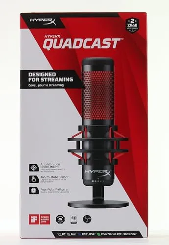 HyperX QuadCast - USB Condenser Gaming Microphone, for PC, PS4, PS5 and Mac, Anti-Vibration Shock Mount, Four Polar