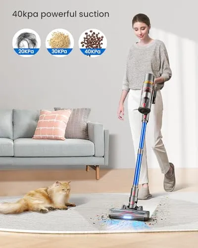 JASTIP Cordless Vacuum Cleaner, 40Kpa/500W High Suction Cordless Stick Vacuum, Up to 60 Mins Runtime, LED Touch Screen