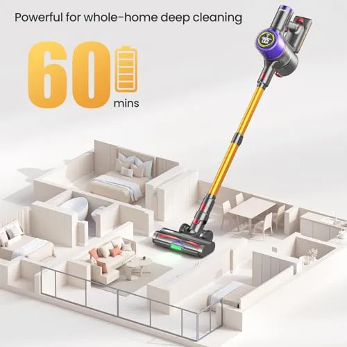 JASTIP Cordless Vacuum Cleaner, 550W/45Kpa Smart Cordless Stick Vacuum with Touch Screen, 60 Mins Runtime, Strong Suction &