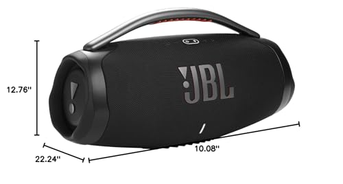 JBL Boombox 3 dimensions diagram: 22.24 inches wide, 12.76 inches tall, and 10.08 inches deep