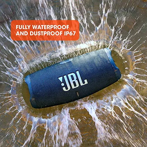 JBL Charge 5 splashed with water, demonstrating its IP67 waterproof and dustproof rating