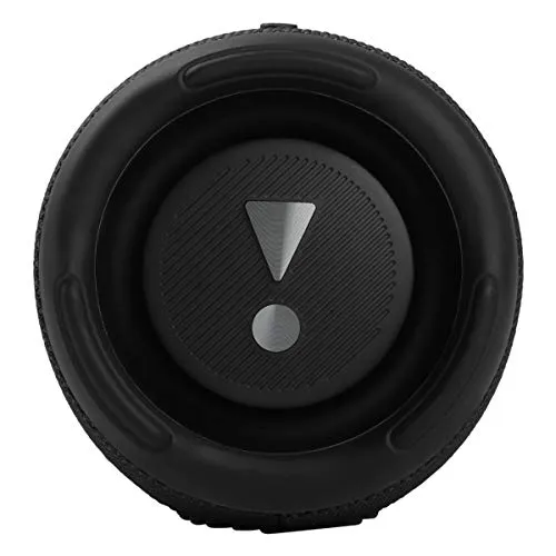 End cap of the JBL Charge 5 showing the circular JBL bass radiator