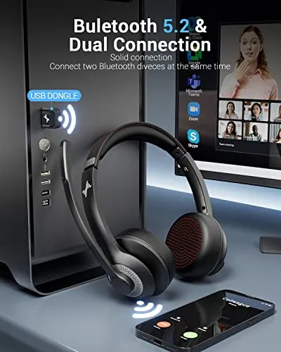 JIAMQISHI Wireless Headset with AI Noise Cancelling Microphone Bluetooth Headset - Bluetooth V5.2 Headphones with USB Dongle