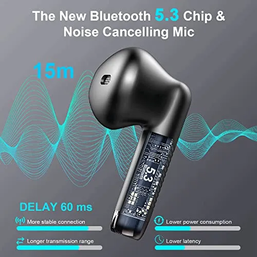 Jxrev Wireless Bluetooth 5.3 Earbuds Stereo Bass, Headphones in Ear Noise Cancelling Mic, IP7 Waterproof Sports, 32H