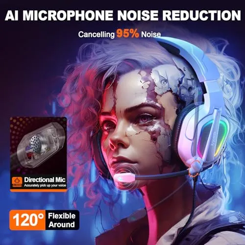 Krysenix PG2 Gaming Headset for PS4/PS5/PC/Xbox One, Ergonomic Design Over Ear with AI Stereo Microphone Sound, Computer