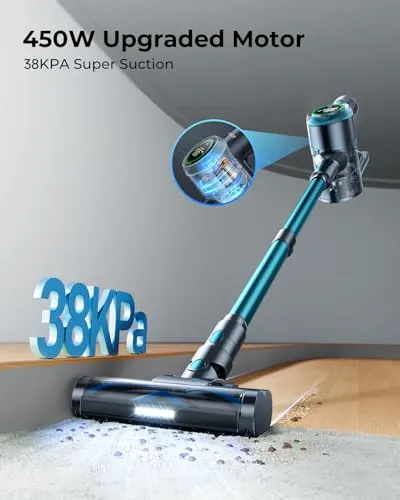 Laresar Cordless Vacuum Cleaner 60 Mins, 450W/38000pa Stick Vacuum Cleaner with Touch Screen, Anti-Tangle Handheld Vacuum