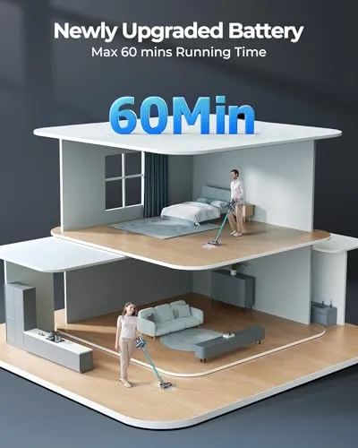 Laresar Cordless Vacuum Cleaner 60 Mins, 450W/38000pa Stick Vacuum Cleaner with Touch Screen, Anti-Tangle Handheld Vacuum