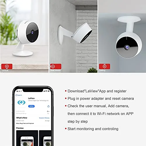 LaView Security Cameras 4pcs, Home Security Camera Indoor 1080P, Wi-Fi Cameras Wired for Pet, Motion Detection, Two-Way