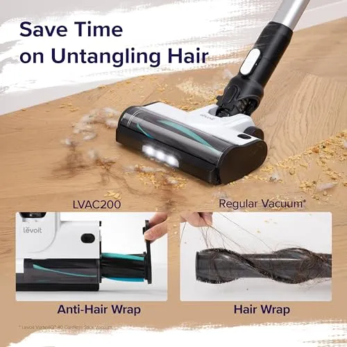 LEVOIT Cordless Vacuum Cleaner, Stick Vac with Tangle-Resistant Design, Up to 50 Minutes, Powerful Suction, Rechargeable,