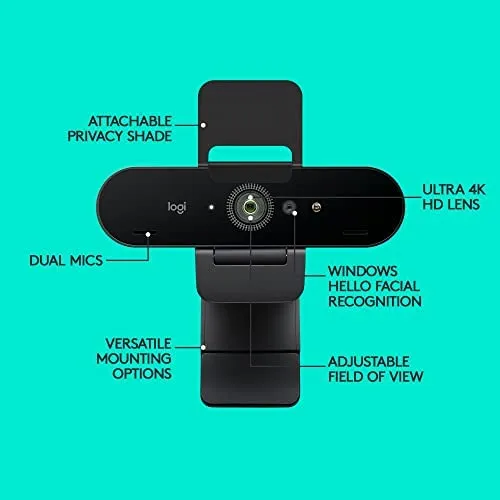 Logitech Brio 4K Webcam, Ultra 4K HD Video Calling, Noise-Canceling mic, HD Auto Light Correction, Wide Field of View, Works