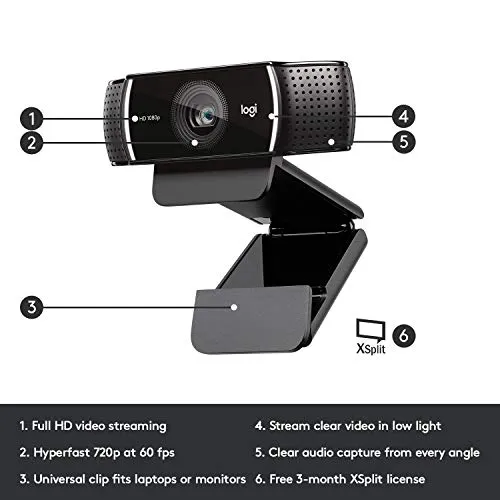 Logitech C922x Pro Stream Webcam – Full 1080p HD Camera, Black webcam - alternate view