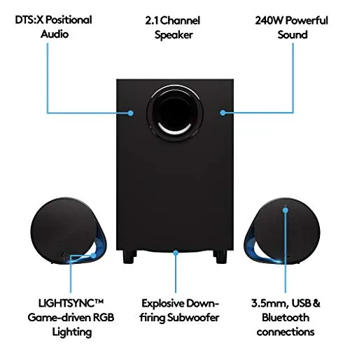Logitech G560 PC Gaming Speaker System with 7.1 DTS:X Ultra Surround Sound, Game based LIGHTSYNC RGB, Two Speakers and