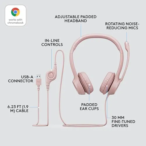 Logitech H390 Wired Headset for PC/Laptop, Stereo Headphones with Noise Cancelling Microphone, USB-A, in-Line Controls for