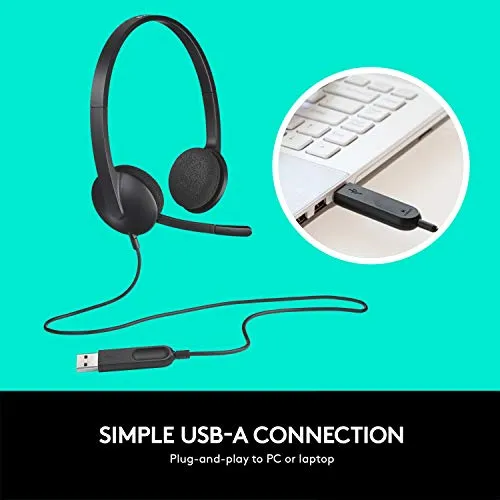 Logitech USB Headset H340, Stereo, USB Headset for Windows and Mac - Black headset - in use