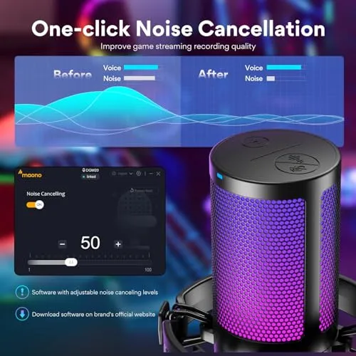 MAONO USB Gaming Microphone for PC, Noise Cancellation Condenser Mic with RGB Lights, Mute, Gain for Streaming, Recording,