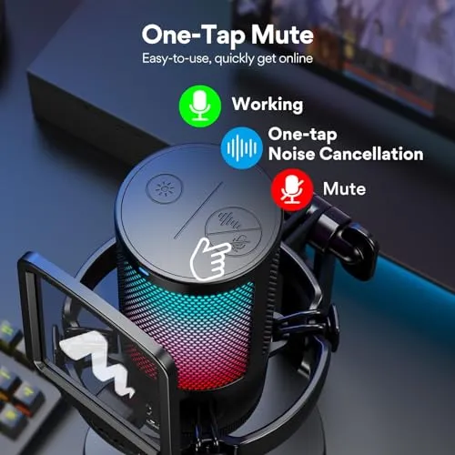 MAONO USB Gaming Microphone for PC, Noise Cancellation Condenser Mic with RGB Lights, Mute, Gain for Streaming, Recording,