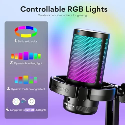MAONO USB Gaming Microphone for PC, Noise Cancellation Condenser Mic with RGB Lights, Mute, Gain for Streaming, Recording,