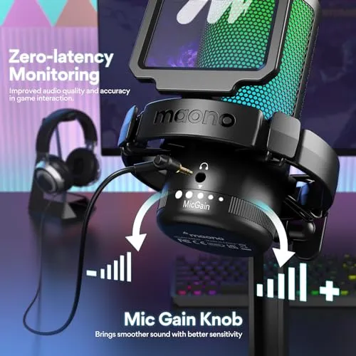 MAONO USB Gaming Microphone for PC, Noise Cancellation Condenser Mic with RGB Lights, Mute, Gain for Streaming, Recording,