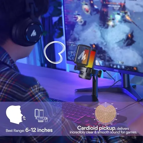 MAONO USB Gaming Microphone for PC, Noise Cancellation Condenser Mic with RGB Lights, Mute, Gain for Streaming, Recording,