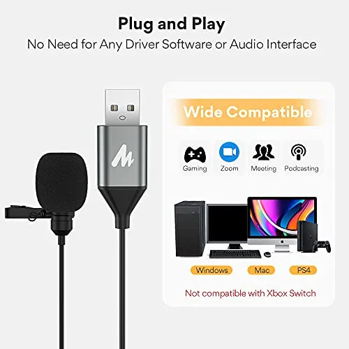MAONO USB Lavalier Microphone, 192KHZ/24BIT Plug & Play Omnidirectional Lapel Shirt Collar Clip on Mic for PC, Computer,