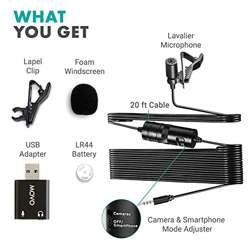 Movo LV1-USB Lavalier Microphone for Computer, Lapel Microphone for iPhone and Android Smartphones, Lav Mic, Clip on