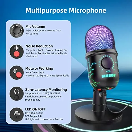 MRSDY Gaming Microphone, USB Computer Microphone for PC, Mac, PS4/5, Condenser Podcast Mic for Studio Recording, YouTube,