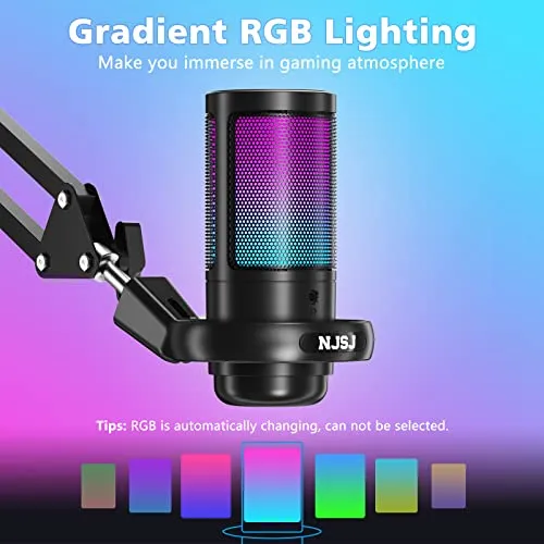 NJSJ USB Gaming Microphone for PC, Condenser Mic with Boom Arm for PS4/ PS5/ Mac/Phone with Touch Mute, RGB Lighting,Gain
