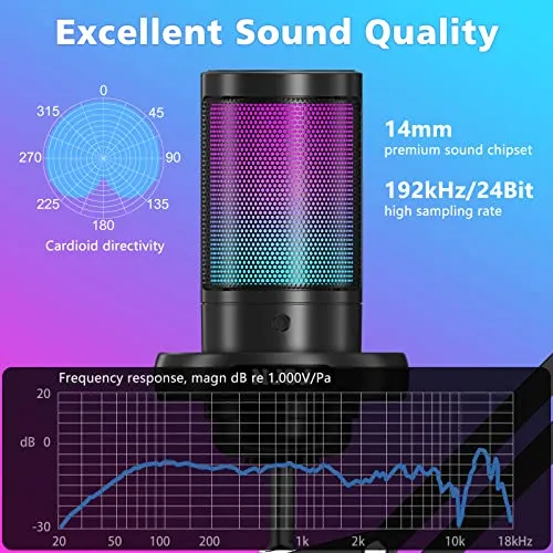 NJSJ USB Gaming Microphone for PC, Condenser Mic with Boom Arm for PS4/ PS5/ Mac/Phone with Touch Mute, RGB Lighting,Gain