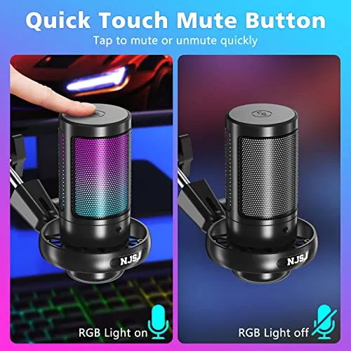 NJSJ USB Gaming Microphone for PC, Condenser Mic with Boom Arm for PS4/ PS5/ Mac/Phone with Touch Mute, RGB Lighting,Gain