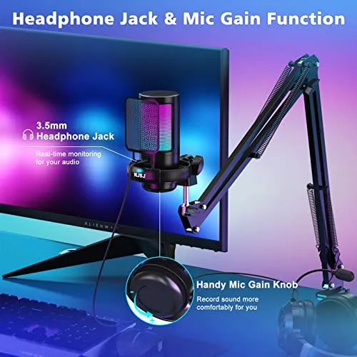 NJSJ USB Gaming Microphone for PC, Condenser Mic with Boom Arm for PS4/ PS5/ Mac/Phone with Touch Mute, RGB Lighting,Gain