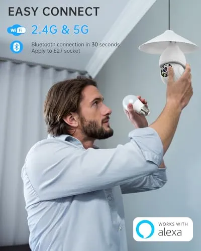 Noahcam Light Bulb Security Camera, 5G/2.4G WiFi Security Cameras Wireless Outdoor with Motion Detection and Alarm, Two-Way