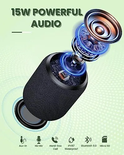 NOTABRICK Bluetooth Speakers,Portable Wireless Speaker with 15W Stereo Sound, Active Extra Bass, IPX6 Waterproof Shower