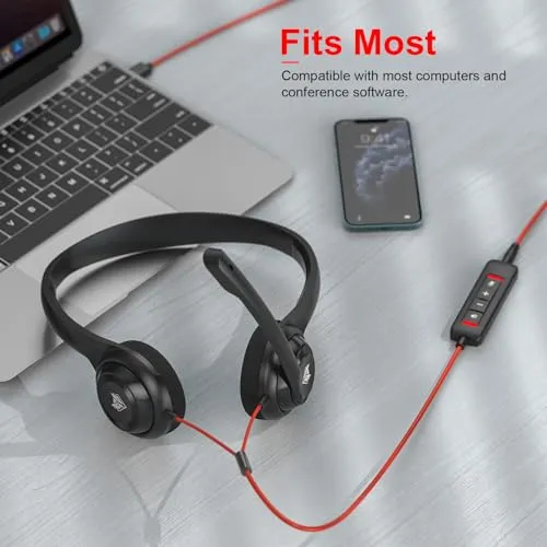NUBWO HW02 USB Computer Headset with Clear Chat Microphone, Lightweight On-Ear Wired Headset for MS Teams, Skype, Webinars,