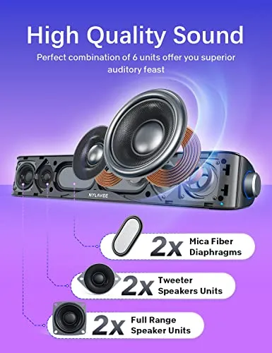 Nylavee Computer Speakers, HiFi Sound Quality Computer Sound Bar, USB Powered PC Speakers, Bluetooth 5.0 and 3.5mm Aux-in
