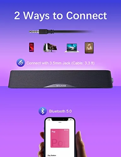 Nylavee Computer Speakers, HiFi Sound Quality Computer Sound Bar, USB Powered PC Speakers, Bluetooth 5.0 and 3.5mm Aux-in
