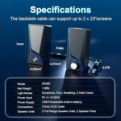 Nylavee Computer Speakers, PC Speakers with 6 Lighting Modes, USB Powered Computer Speakers for Desktop Monitor with 2