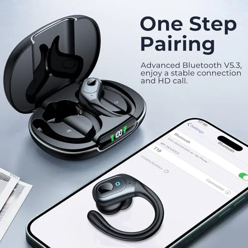 occiam Bluetooth Headphones Wireless Earbuds 90Hrs Playback Sport Ear Buds with Earhook LED Display Charging Case IPX7