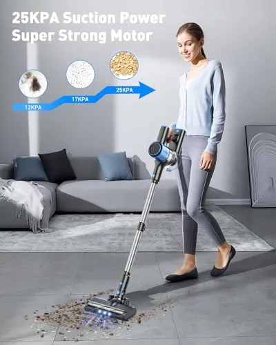 OIIWNS Cordless Vacuum Cleaner, 25Kpa Powerful Suction Stick Vacuum, 40Mins Runtime Detachable Battery, 3 Power Modes & LED