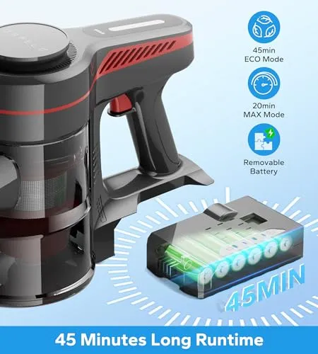 ORFELD Cordless Vacuum Cleaner, Stick Vacuum with 26Kpa Powerful Suction, 45Mins Runtime Rechargeable Vacuum, Anti-Tangle &