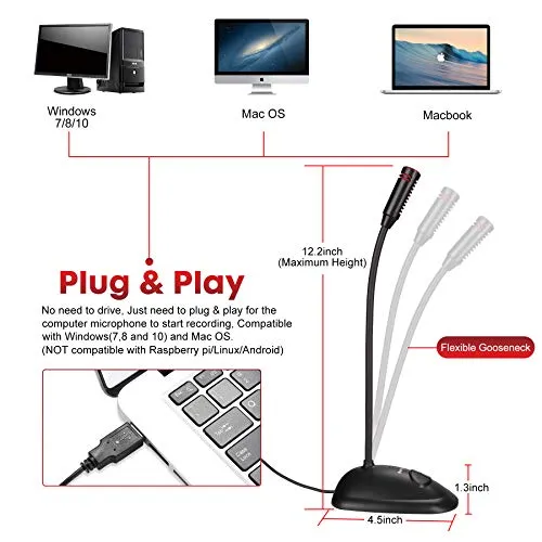 Perrycom USB Computer Microphone, Plug&Play Cardioid Condenser PC Laptop Mic, On/Off and Mute Buttons with LED Indicator,