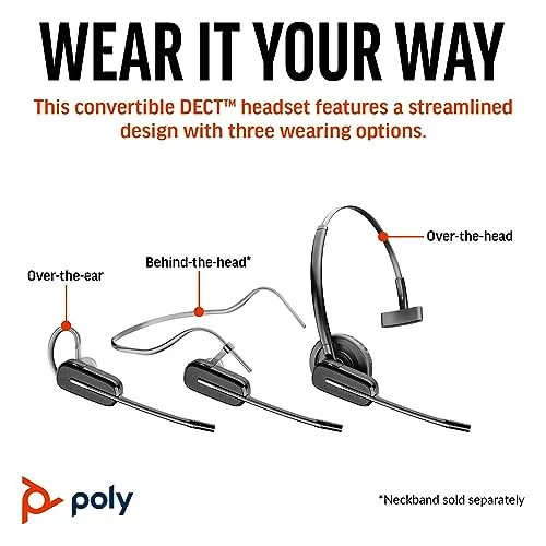 Plantronics Poly CS540 Wireless DECT Headset (Plantronics) – Single Ear (Mono) Convertible (3 wearing styles) – Connects to
