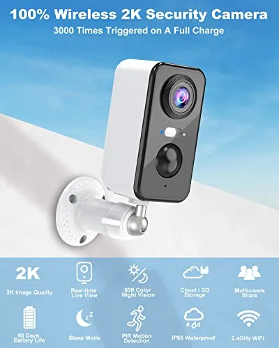 PM POPMAKE Security Cameras Wireless Outdoor, 2K Color Night Vision Battery Powered WiFi Spotlight/Siren Motion Detection
