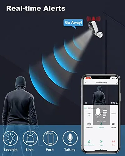 PM POPMAKE Security Cameras Wireless Outdoor, 2K Color Night Vision Battery Powered WiFi Spotlight/Siren Motion Detection