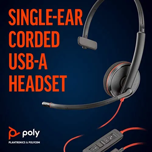 Poly Plantronics - Blackwire 3210 - Wired, Single Ear (Monaural) Headset with Boom Mic - USB-A to connect to your PC and/or