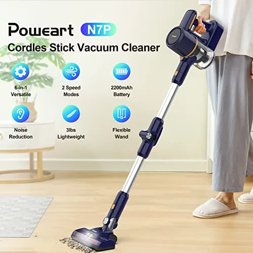 POWEART Cordless Vacuum Cleaner, 6-in-1 Multifunction Cordless Stick Vacuum, 2200mAh Stick Vacuum Cordless Rechargeable