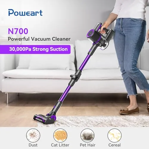 POWEART N700 Cordless Vacuum Cleaner, 30Kpa Powerful Cordless Stick Vacuum, 180° Foldable Wand, Extended Runtime, 8-in-1