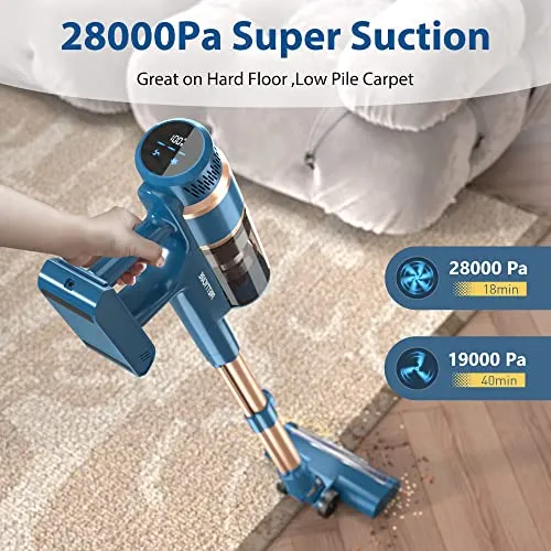 PRETTYCARE Cordless Vacuum Cleaner, 28Kpa Stick Vacuum with Powerful Brushless Motor, LED Touch Display, 45 Mins Long