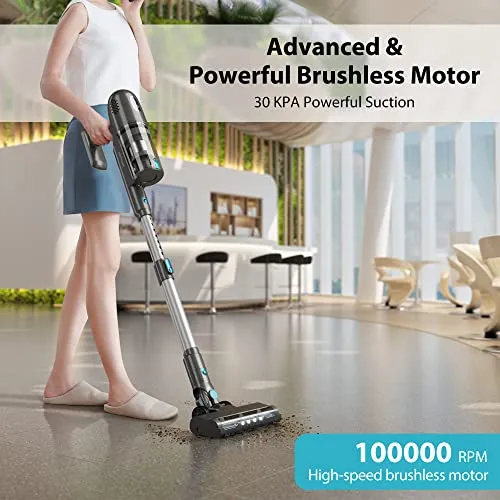 PRETTYCARE Cordless Vacuum Cleaner, 30Kpa Powerful Stick Vacuum with 260W Brushless Motor, LED Touch Display, 45 Mins Long