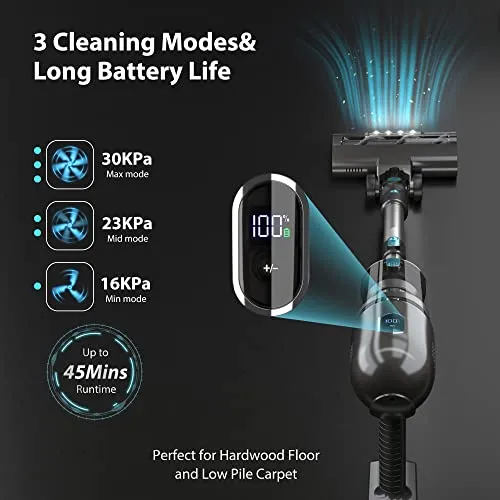 PRETTYCARE Cordless Vacuum Cleaner, 30Kpa Powerful Stick Vacuum with 260W Brushless Motor, LED Touch Display, 45 Mins Long